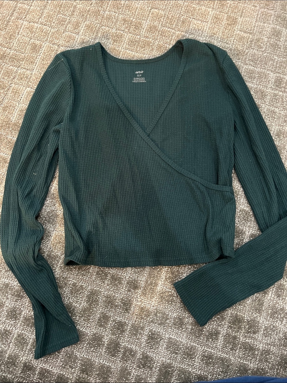 aerie Dark Green Waffle-Knit Wrap Long Sleeve Top